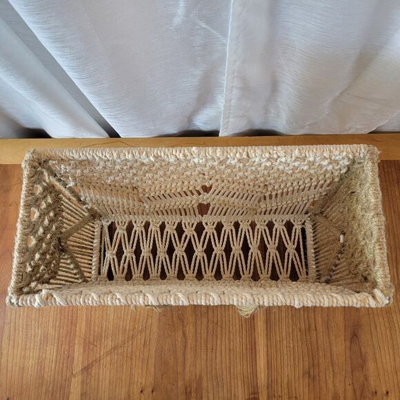 Vtg-Style Macrame Rattan Magazine Rack Bin with Tassels – Boho Storage – 25x7x12 - Picture 4 of 8